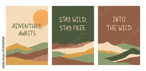 Set vertical cards with quotes and landscapes. Hiking, travel adventure postcards. Hand drawing lettering typography. Dunes, mountains, sky, moon in earth colors. Printable camping posters