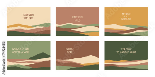 Set of horizontal posters with hiking quotes and silhouettes of mountain landscapes in flat style, earth mute colors. Design element for poster, banner. Contemporary design. Futuristic wall art decor