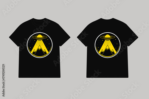 Yellow U F O beaming light onto mountain peaks alien