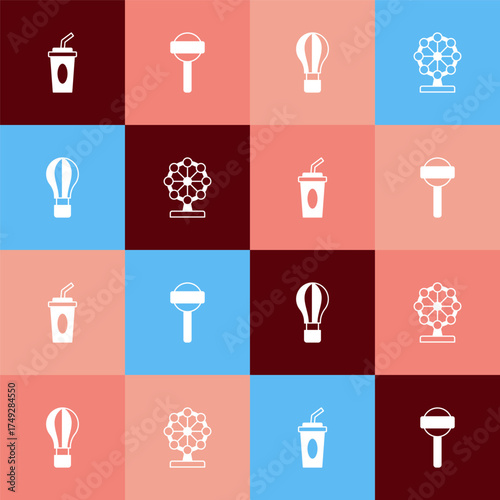Set pop art Paper glass with water, Lollipop, Hot air balloon and Ferris wheel icon. Vector