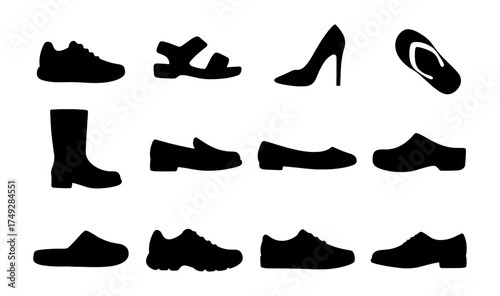 Set of silhouette footwear icons: sneakers, sandals, boots, heels, loafers