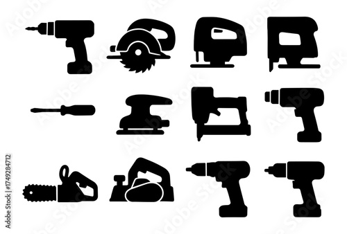 Silhouette set of power tools: drill, saw, screwdriver, sander, jigsaw, chainsaw