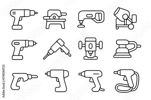 Collection of outline icons for power tools and equipment in home improvement
