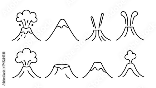 Volcano eruption icons: simple linear outline set for geology projects