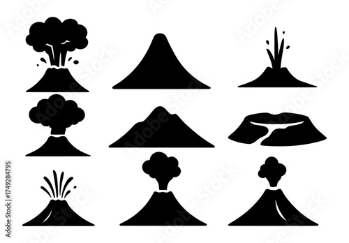 Volcano silhouettes set: diverse eruptions and mountain shapes for graphic design