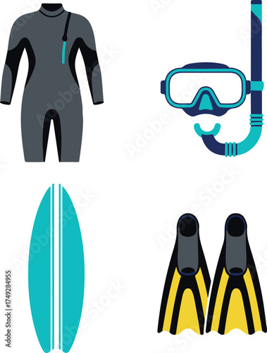 Essential Water Sports Equipment Collection: Wetsuit, Diving Mask, Snorkel, Surfboard, and Swim Fins