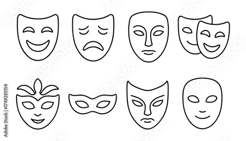Theater and carnival masks: expressive line art designs for creative projects