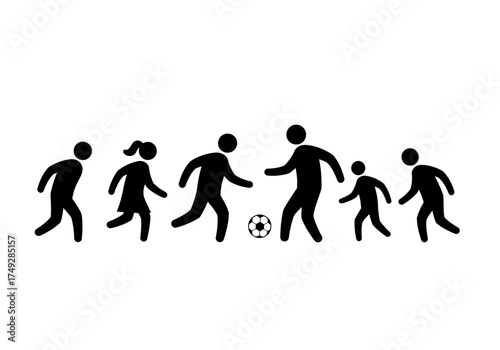 Diverse group of stick figures playing soccer with a ball.
