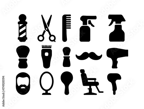 Barber shop icons set: essential tools in silhouette style