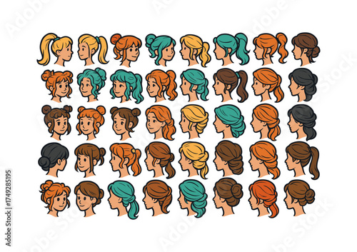 Diverse hairstyles collection showcasing various hair colors and styles in flat design
