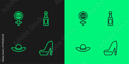 Set line Woman shoe, Elegant women hat, International Women Day and Champagne bottle icon. Vector