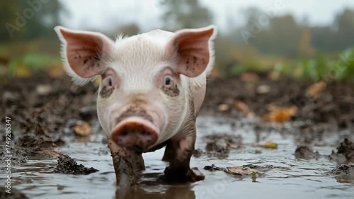 Adorable pig enjoying a muddy puddle in a rural farm setting.