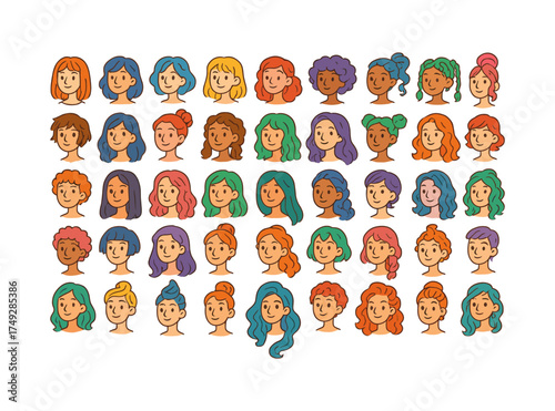Diverse cartoon faces with unique hairstyles and vibrant colors