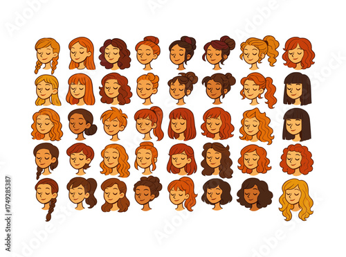 Diverse collection of cartoon female hair styles and colors on white background