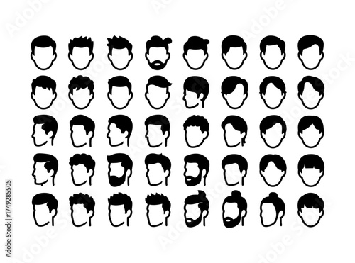 Diverse male hairstyles silhouette collection for design projects