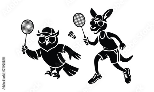 Cartoon Owl and Kangaroo Playing Badminton on White Background sport game