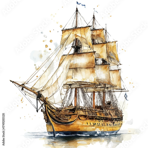 Galleon, watercolor vector, isolated on a white background.
