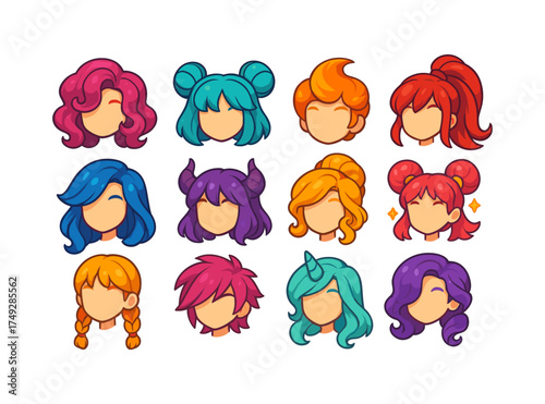 Collection of cute cartoon hairstyles with various colors and styles for characters