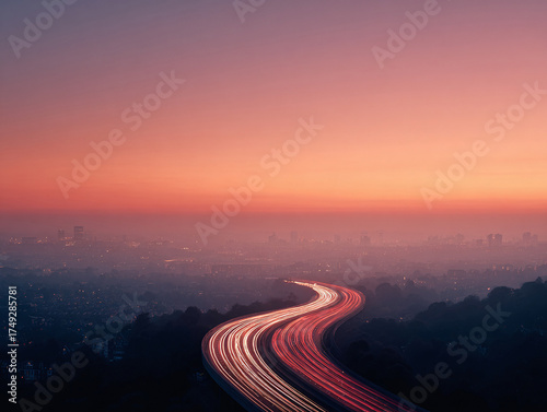 Dramatic cityscape at dusk with glowing light trails tracing a winding highway. Evokes themes of journey, progress, urban life, and connectivity. Perfect for travel, business, or technology concepts.