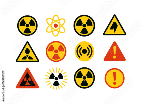 Colorful hazard alert symbols for nuclear and radioactive safety signs