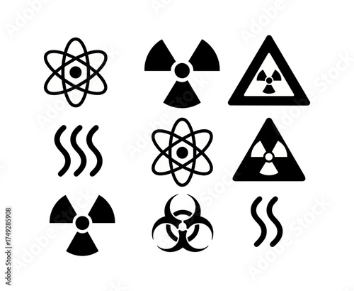 Linear hazard symbols: atom, radiation, biohazard, steam icons in black