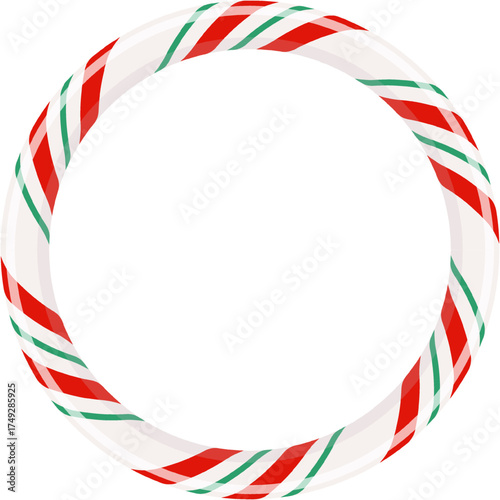 Christmas candy cane circle signboard, red and white frame with cute holiday pattern. PNG.