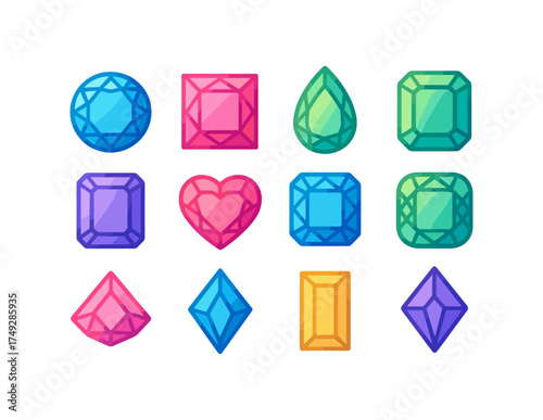 Colorful gemstone icon set on white background