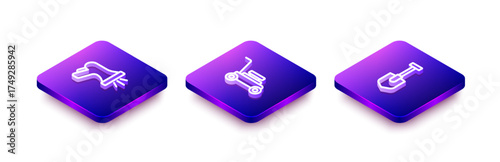 Set Isometric line Garden hose, Lawn mower and Shovel icon. Vector