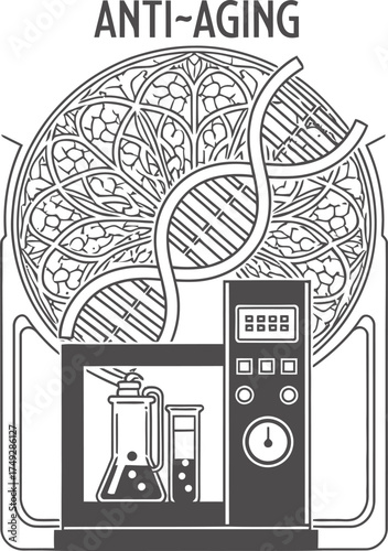 Scientific anti aging research with dna helix and laboratory equipment in stylized circular frame