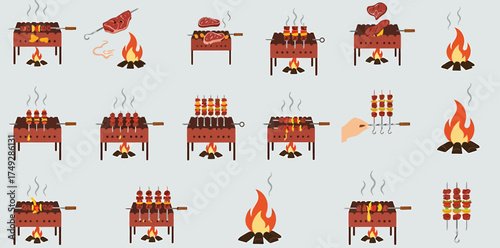 Illustrations of various grilling setups skewers and open fires