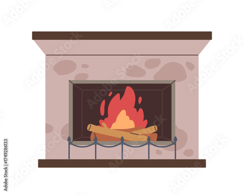 Fireplace, fire flame burning, firewood, wood logs. Cozy indoor hearth with warm glowing light, stone mantelpiece. Home interior furnace. Flat vector illustration isolated on white background