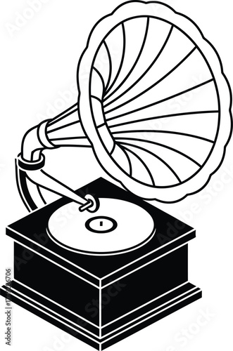 Vintage gramophone with horn and record player on white background classic music device