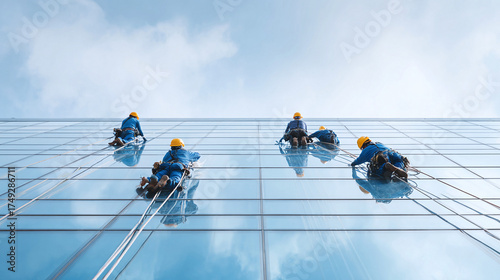 Workers cleaning a skyscrapers glass facade. Safety, teamwork, and skill. Modern architecture maintenance. Business, construction, and urban themes.