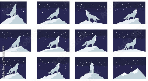 Twelve panels show a white wolf howling at a starry night sky from snowy peaks