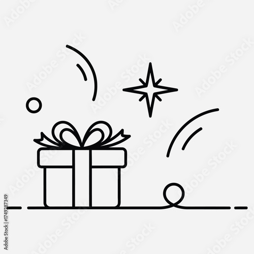 Simple line art icon of a sparkling gift box with a ribbon, a minimalist vector illustration for celebration and surprise