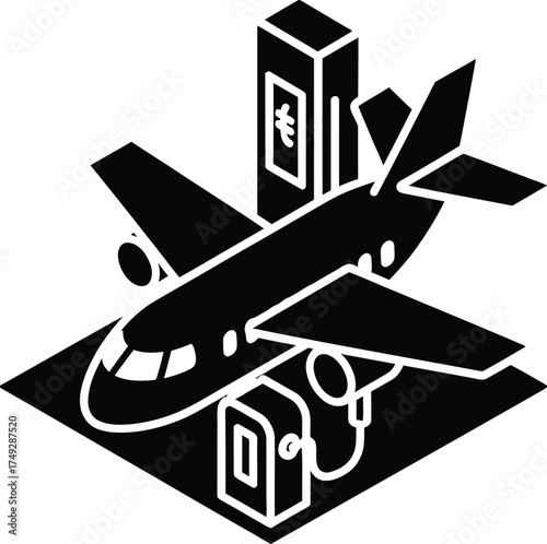 Isometric black and white illustration of an airplane refueling at a futuristic airport terminal with a charging station