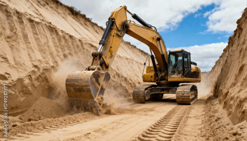 Large yellow excavator digging deep sandy trench at construction site with dramatic clouds and heavy equipment in operation
