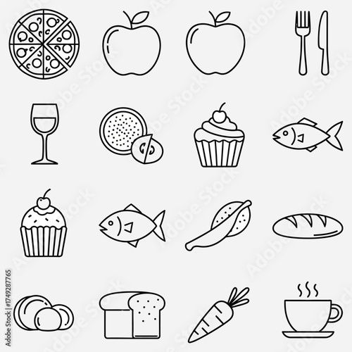A Collection of Popular Food and Drink Icons, Including Pizza, Apples, Wine, Cupcakes, Fish, Bread, and Coffee