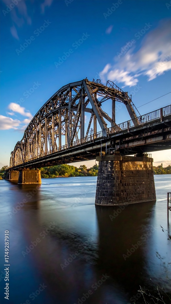 Fototapeta premium A tall, metallic arched structure crosses a wide body of water. Blue skies, with subtle clouds, provide the backdrop. The sunlight casts shadows