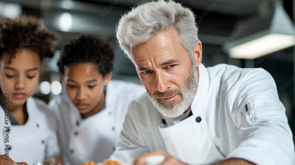 Fototapeta premium Culinary Masterclass with Experienced Chef and Young Learners in Modern Kitchen Setting