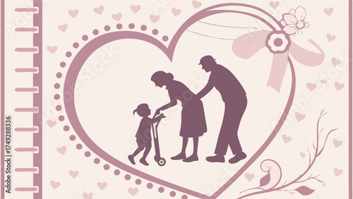 Grandparents Day Family Love Silhouette Vintage Graphic Grandfather Grandmother Teaching Child Scooter Riding inside Heart Shape