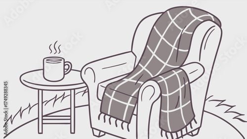 Cozy Armchair with Plaid Throw Blanket and Steaming Coffee Mug Minimalist Home Comfort Illustration for Relaxation and Downtime