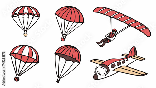 Extreme Air Sports and Aviation Vector Icons Set Parachute Skydiving Hang Gliding and Small Airplane Illustration for Adventure Travel Design