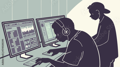 Focused Black Youth Team Working on Music Production or Software Coding Project in a Digital Studio