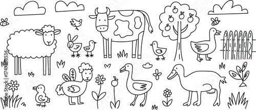 Charming doodle art of farm animals and countryside scenes with clouds trees and plants