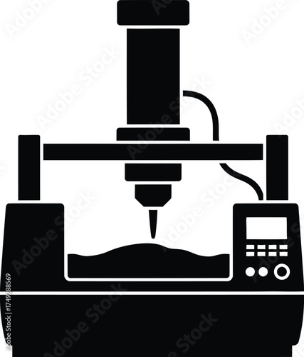 Black and white silhouette of a modern cnc milling machine with a digital display and cutting tool