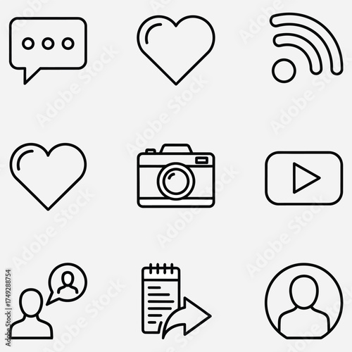 Collection of modern outline social media and communication icons for digital applications and web interfaces, featuring chat, like, camera, video player, and user profiles, perfect for UI/UX design