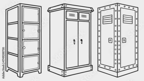 Industrial Metal Storage Lockers and Cabinets Outline Drawing Set Technical Workshop Furniture Illustration