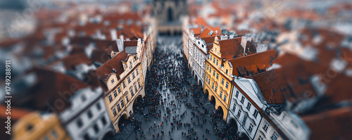 Tiltshift lens shows a busy European city street teeming with people. Ancient architecture, red rooftops, and a sense of bustling urban life. Travel editorial use.