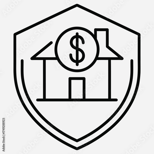Outline icon of a house within a shield with a dollar symbol representing home financing, property insurance, and real estate investment security